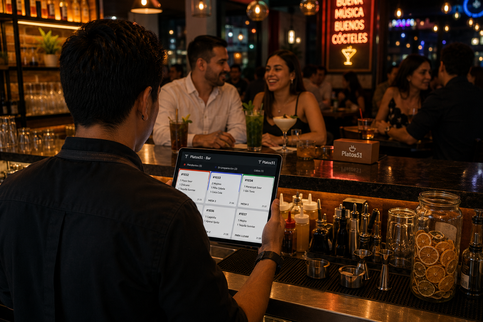 Bartender usando Platos51 en una barra