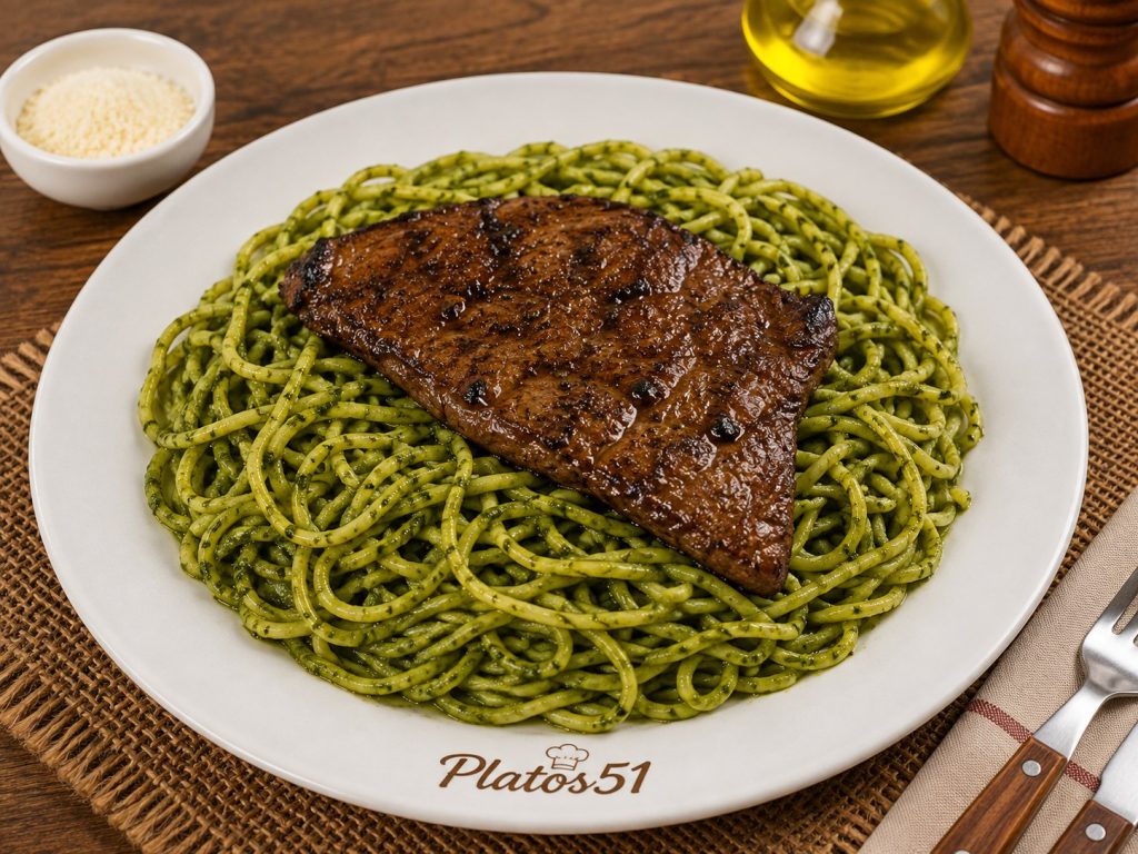 Tallarín verde con hígado a la parrilla