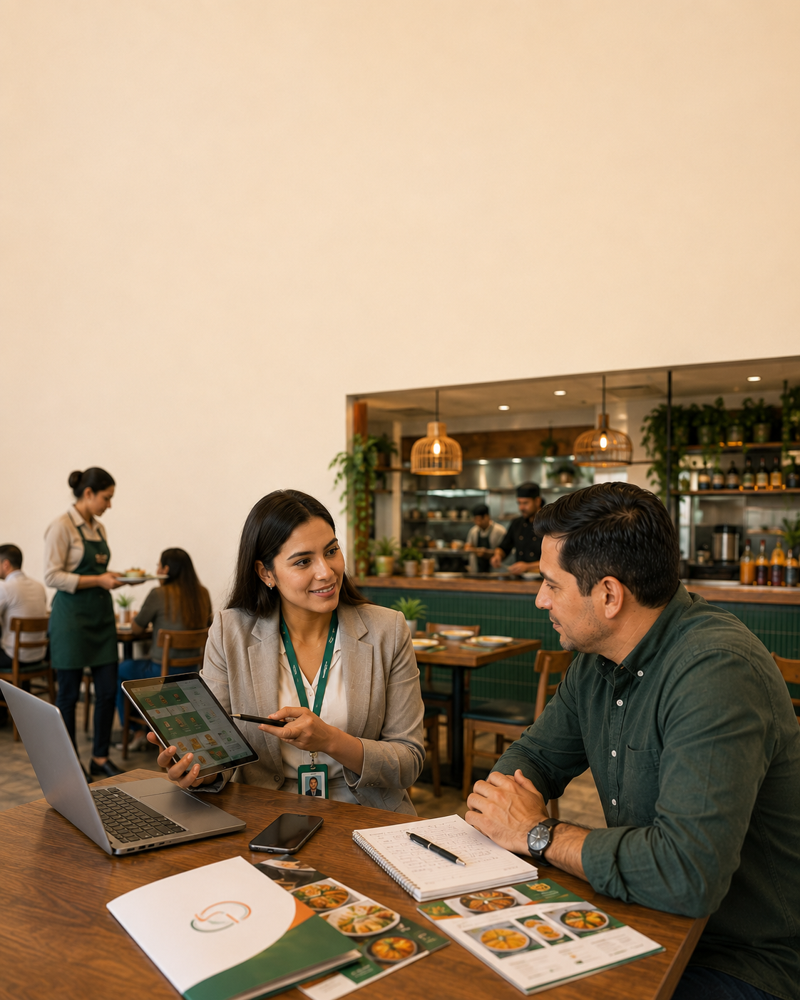 Profesional independiente presentando Platos51 en un restaurante