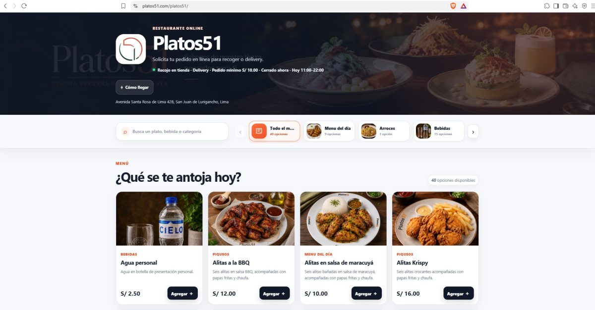 Página pública de un restaurante creada con Platos51